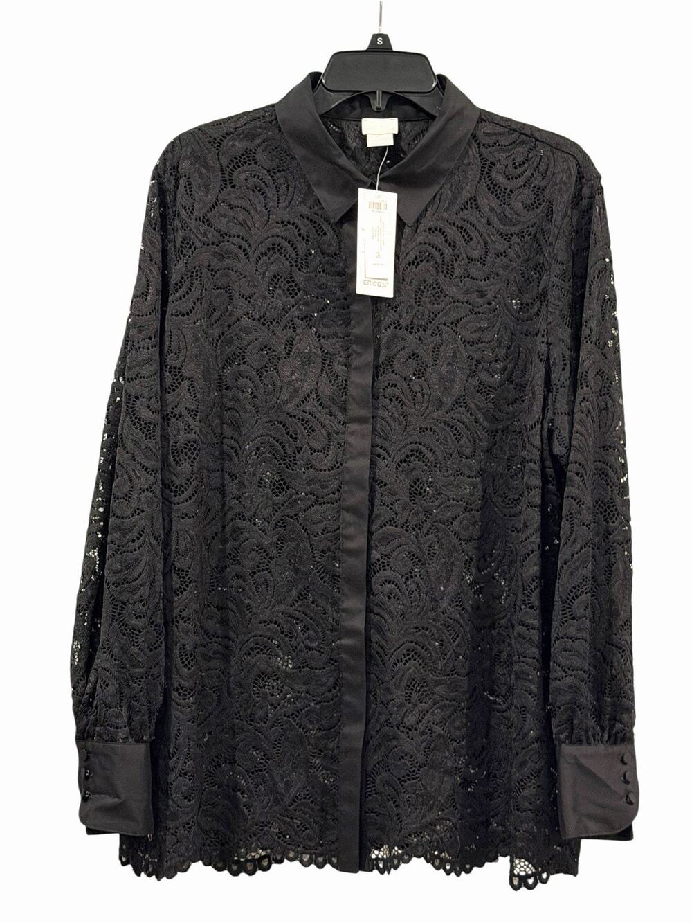 NWT Chico’s Black Lace Sheer Button Down Shirt SZ 3 (16) Romantic Fairy Grunge